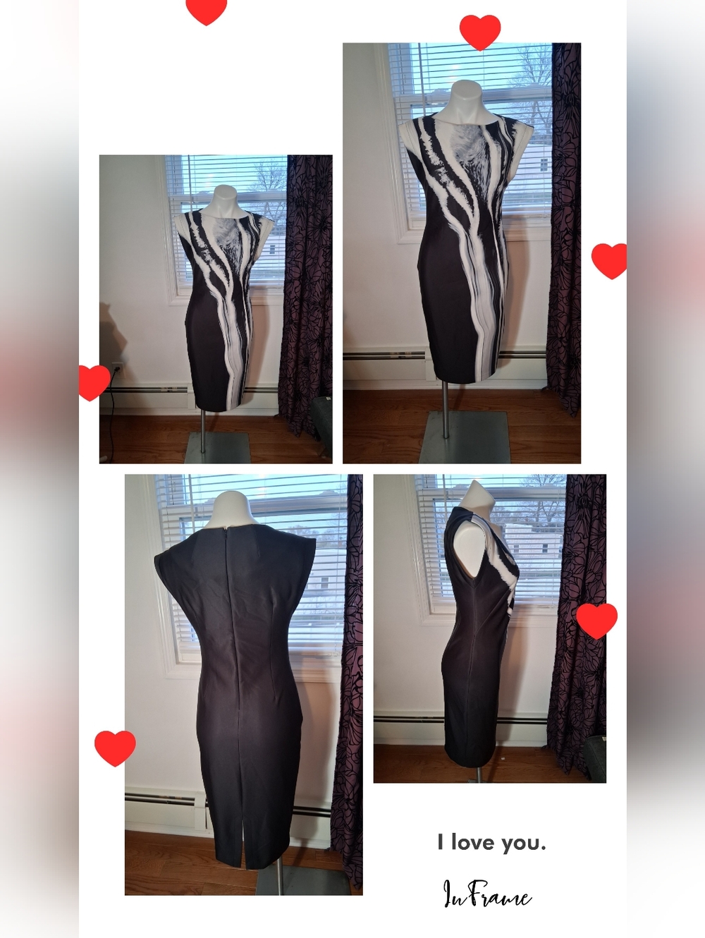 Donna Karan Black and White Abstract Midi Sheath Dress